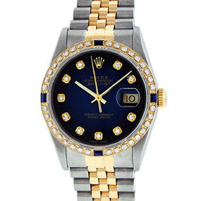 Rolex Mens 2 Tone 14K Blue Vignette Datejust