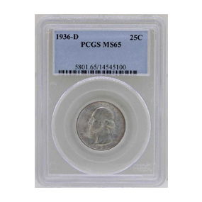 1936-D Washington Silver Quarter Coin PCGS MS65
