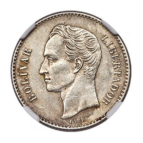 Republic Bolivar 1888-(c) AU53 NGC, Caracas mint, KM-Y22, Stohr-47, OAV-1B-A.4
