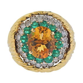 18K Gold Diamond Citrine Emerald Cocktail Ring