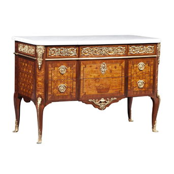 Louis XV/XVI Transitional Gilt-Bronze Mounted Tulipwood, Amaranth and Marquetry Commode