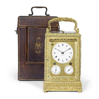 A very rare early 19th century Swiss Carriage clock with special night/day striking and calendar, in the original travelling case