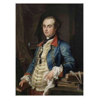 Pompeo Girolamo Batoni (Italian, 1708-1787) Portrait of Edward Solly, half length, in a blue coat and cream waistcoat, standing beside a table