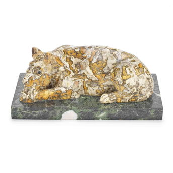 Attributed to Antonio Moglia (Italian, act. 1765-1783): A rare carved 'giallo tigrato' marble model of a recumbent young leopard