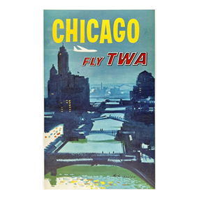 Original Vintage Poster Chicago - Fly TWA Airline Briggs Travel Tourism Linen