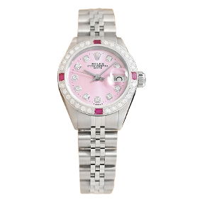 Ladies Rolex Date 18K White Gold Diamond Ruby & Steel Pink Dial Watch