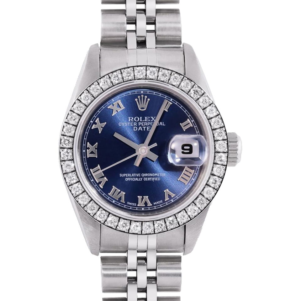 Rolex Ladies Stainless Steel Quickset Blue Roman Diamond Bezel Date Wristwatch