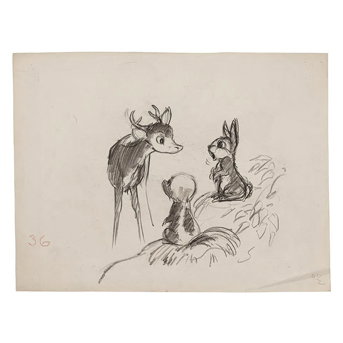 Collection of 8 Walt Disney concept drawings for the movie <em>Bambi</em>,<br>Walt Disney Studios