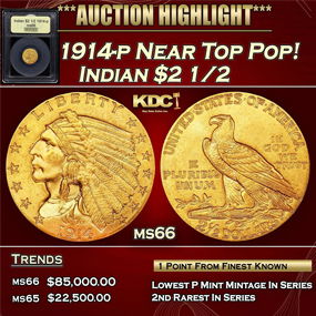 1914-p Gold Indian Quarter Eagle Near Top Pop! $2 1/2 ms66 USCG