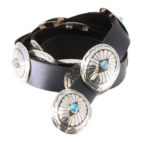Native American<br>Navajo Sterling Silver Turquoise Leather Black Belt by J.B.