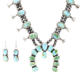 Native American Navajo Sterling Silver Sonora Gold Turquoise Squash Blossom Set
