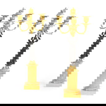 Pair of gilt bronze candelabras with brown patina from the first half of the 19th century