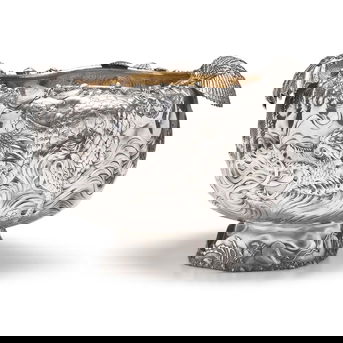 A Rare and Monumental Sterling Silver Japonesque Punch Bowl