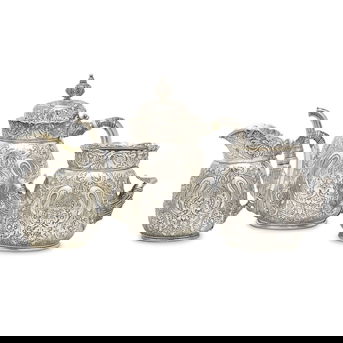 A Rare Sterling Silver Three-Piece Saracenic Tea Service