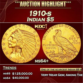 1910-s Gold Indian Half Eagle $5 ms64+ USCG