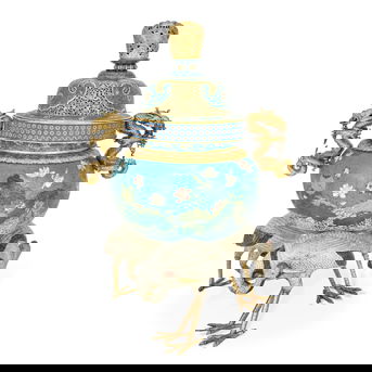 A Magnificent and Large Cloisonné Enamel ‘Crane-Form Feet’ Incense Burner and Cover