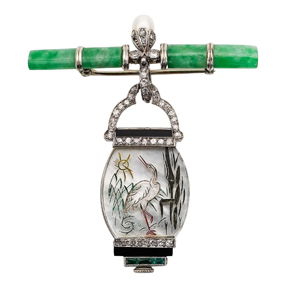 Art Deco Audemar Piguet Platinum, Diamond And Jadeite Watch Brooch