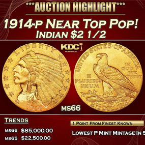 1914-p Gold Indian Quarter Eagle Near Top Pop! $2 1/2 ms66 USCG
