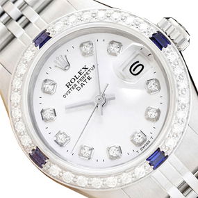 Ladies Rolex Date 18K White Gold Diamond Sapphire & Steel Watch - White Dial
