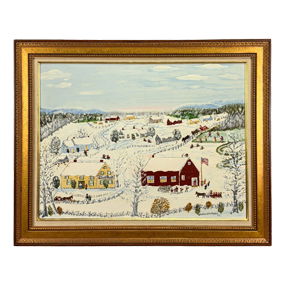 Forrest (Son of Grandma) Moses “Time for Stage” 1972 Folk Art Winter Oil on Board Framed Painting