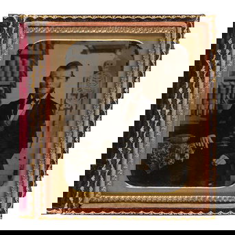 Sixth plate ambrotype of a young doctor with skeleton in painted background.