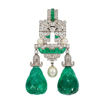 Art Déco Emerald, Natural Pearl and Diamond Pendant