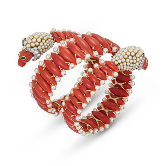 Rare Cartier Coral, Pearl, Diamond and Emerald Bangle