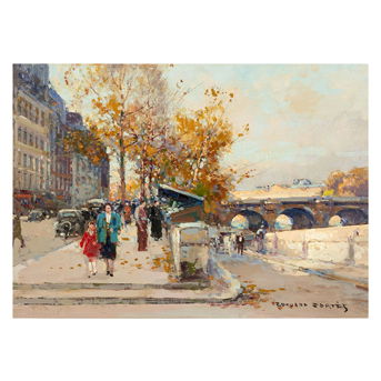 Edouard Léon Cortès (French, 1882-1969) Bouquinistes au Bord de la Seine en Automne