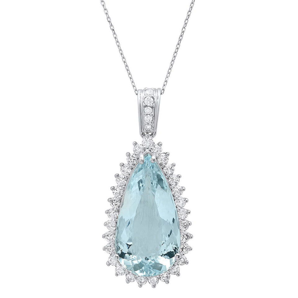 14K White Gold 11.28ct Aquamarine and 1.58ct Diamond Pendant