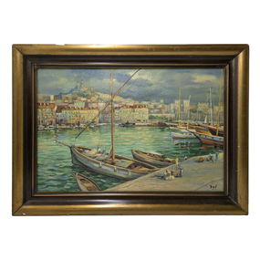 Marcel Dyf French Post Impressionist River Quay Boats Landscape Seascape Oil on Canvas Painting