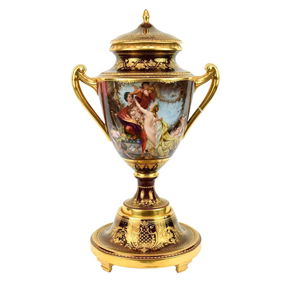 Vienna Porcelain 19th C. Large Urn, Allegorical Handpainted Panel on Pedestal