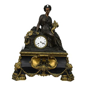French Patinated & Gilt Bronze Figural Mantel Clock, C. 19th Century