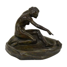 Harriet Whitney Frishmuth (American, 1880-1980), “Girl with Frog” Patinated bronze sculpture, signed