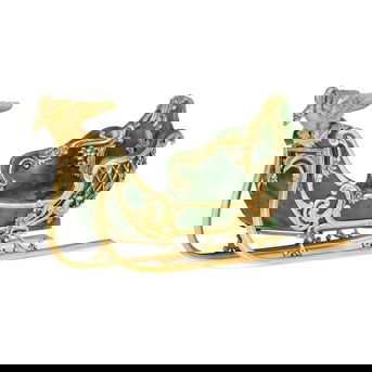 A Rare Jewelled Gold-Mounted Nephrite Miniature Model of a Sleigh by Fabergé