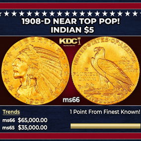 1908-d Gold Indian Half Eagle Near Top Pop! $5 ms66 USCG