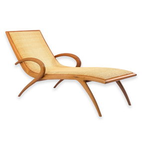 John Louis Graz Chaise Longue c. 1950s Curved Wood & Inset Woven Raffia Modern Design
