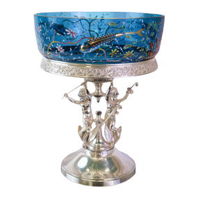Middletown Victorian Silverplate Cherub Moser Art Glass Applied Fish Brides Bowl