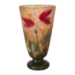 Daum Nancy Padded French Wheelcarved Red Poppies Cameo Glass Vase
