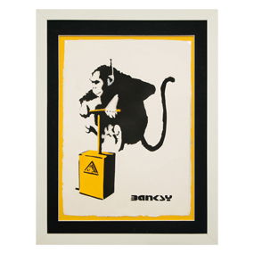 Banksy – “Monkey Detonator” with Yellow Accents – Black & White on Heavy