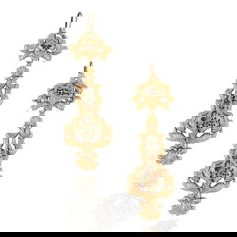 A Pair of Antique Gold and Polychrome Enamel Earrings, France, Circa 1840