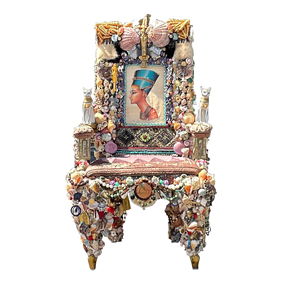 Unique Vintage Boho Chair with Nefertiti Design and Found Objects