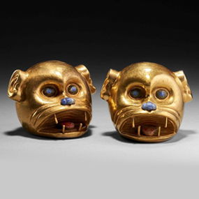 A Pair of Moche Gold Monkey Head Pendants With Lapis Lazuli & Shell Inlays, Circa 200-500 A.D.