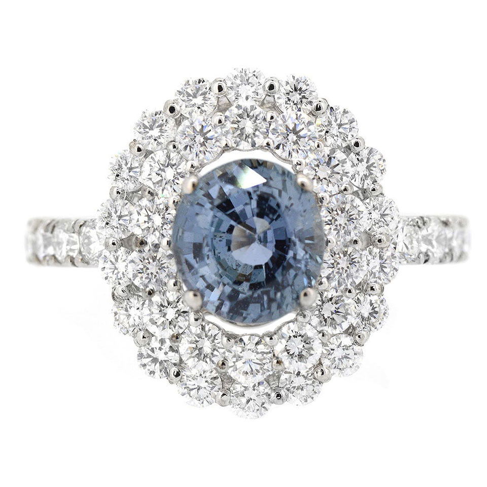 18K White Gold Ladies Ring with 2.32ct GIA Certified Sapphire and 1.65ct tw Adjacent Diamonds
