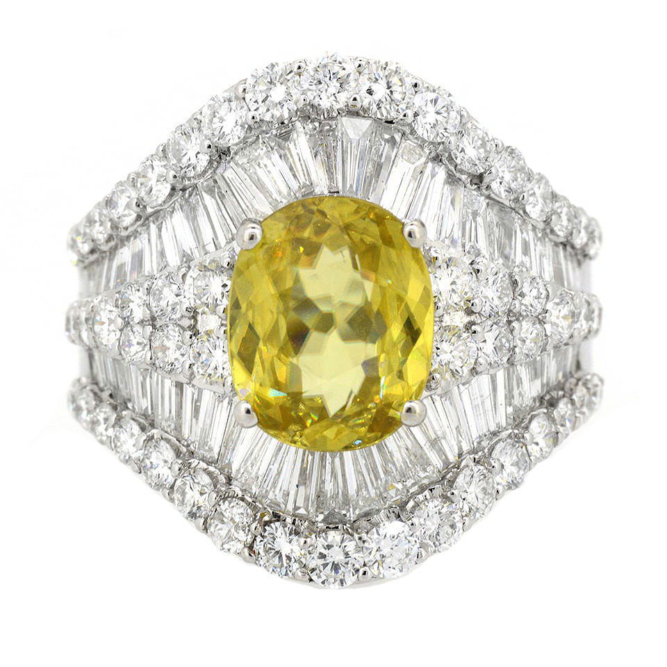 18K White Gold Ladies Ring with 2.55ct GIA Certified Sphene (Titanite) and 2.97ct tw Adjacent