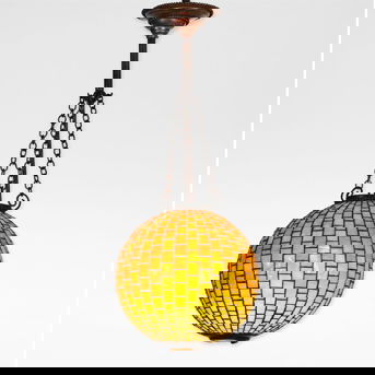 Tiffany Studios 'Geometric' leaded glass and turtleback chandelier,<br>circa 1910