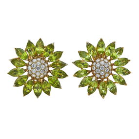 Asprey & Garrard 18K Yellow Gold, Peridot, and Diamond Flower Cluster Earrings
