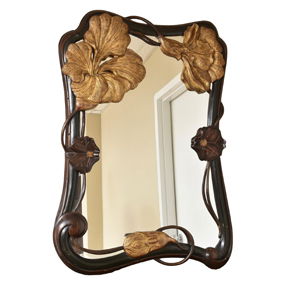 Art Nouveau Mahogany Mirror with Hand Carved Lotus Flowers