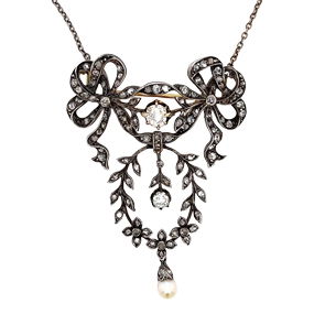 Antique 18K Yellow Gold Silver Top Pearl Diamond Necklace 2.25 Ct