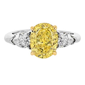 2.53ct Fancy Vivid Yellow Oval Diamond Three Stone Ring in Platinum and 18K White Gold