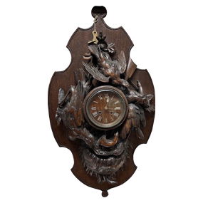 Monumental Mid-19th Century Black Forest Wall Clock with Intricate Carvings